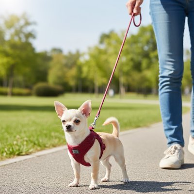 Petit chien au parc en harnais pour porter un chien Junior rouge