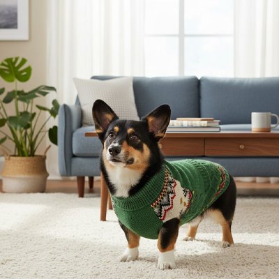 Petit chien au salon avec pull chien Chaud montagne vert