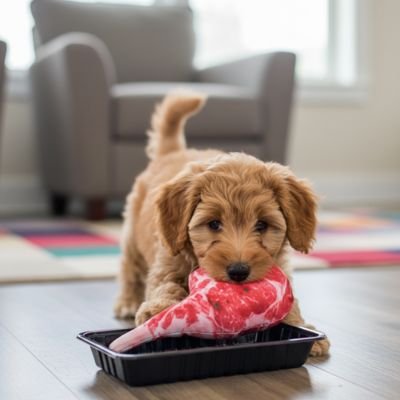  petit chien avec son jouet Chien indestructible Festin Canin Cotelette dans la gueule