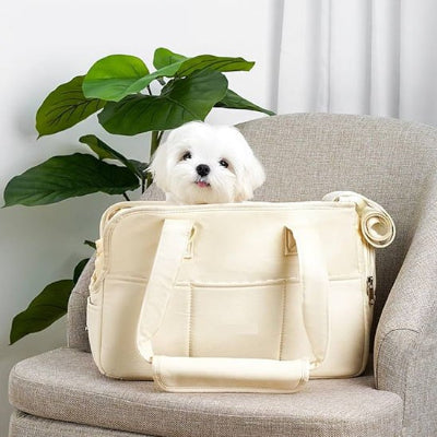 Petit chien blanc dans chien sac de transport Premium Canin écru