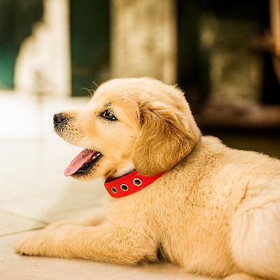 petit chien couché avec collier pour chien rouge