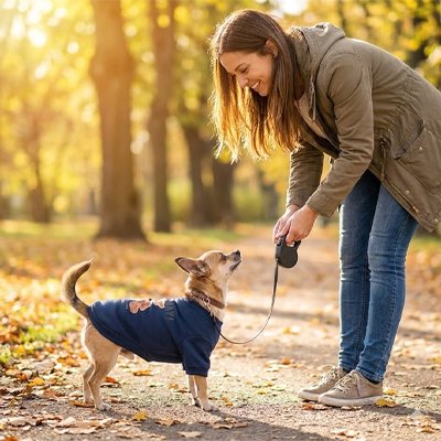 Petit chien dans la forêt avec pull chien Sweat Teddy bleu
