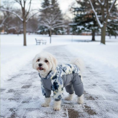 Petit chien dans la neige avec manteau pour Chien Commando gris imprimé