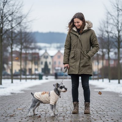 Petit chien dans la rue avec pull chien Sweat Teddy beige