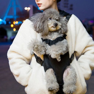 Petit chien dans sac a dos chien Kangourou noir sur sa maitresse