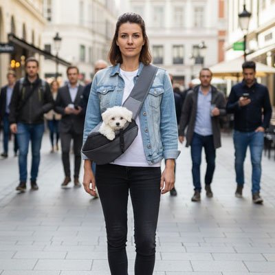 Petit chien dans sac de transport pour Chien Banane Confort rose et gris dans la rue avec sa maitresse