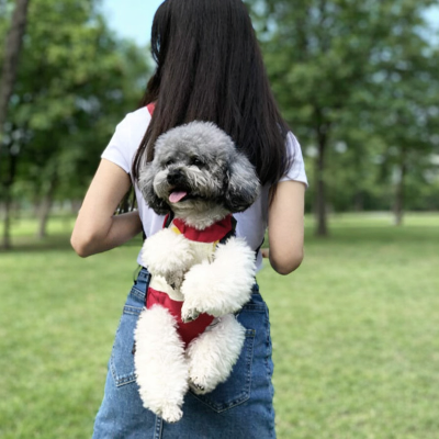 Petit chien dans son sac de transport chien Porte Toutou rouge dans le dos de sa maitresse 