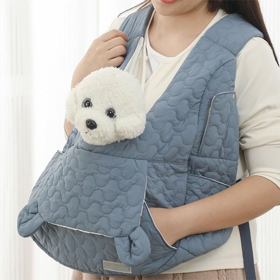 Petit chien dans son sac de transport chien Ventral bleu sur sa maitresse