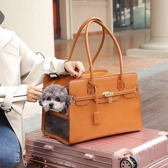 petit chien dans son sac de transport pour chien Elegance confort marron sur une valise