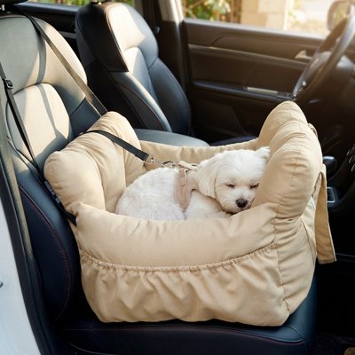 Petit chien dans un siege auto chien Voyage Elite jaune