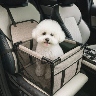 Petit chien dans un siege auto pour chien Doux Voyage  gris clair