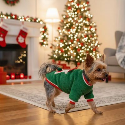 Petit chien debout devant sapin de Noel pull pour Chien Nordique vert