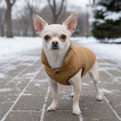 Petit chien dehors en hiver avec manteau pour chien Hiver toutou beige