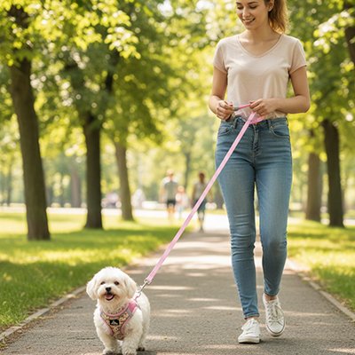 Petit chien en ballade en harnais pour petit chien rose avec sa maitresse