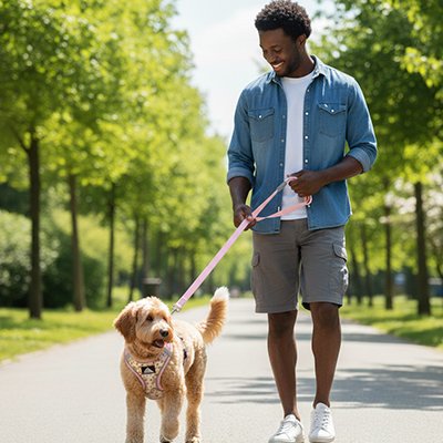 Petit chien en ballade en harnais pour petit chien rose avec son maitre