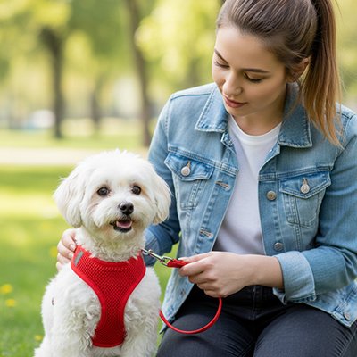 Petit chien en harnais petit chien Doux Maintien avec sa maitresse au parc