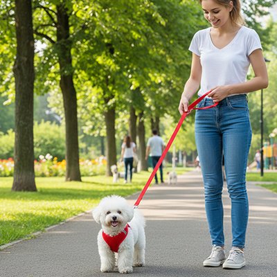 Petit chien en harnais petit chien Doux Maintien avec sa maitresse en balade