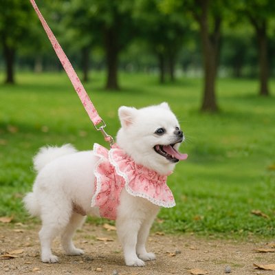 Petit chien en harnais petit Chien Froufrou rose en balade