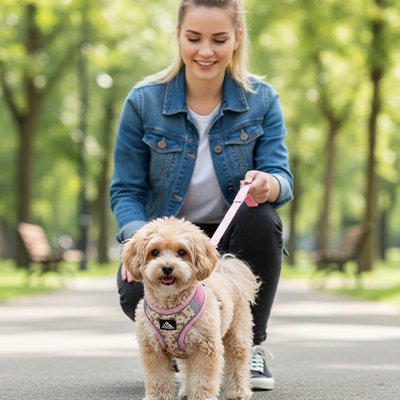 Petit chien en harnais pour petit chien Léopard rose avec sa maitresse