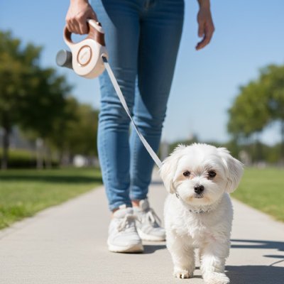 Petit chien en laisse enrouleur chien Flexi Canin marron en balade avec sa maitresse