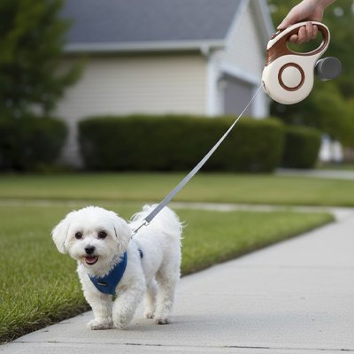 Petit chien en laisse enrouleur chien Flexi Canin marron en balade