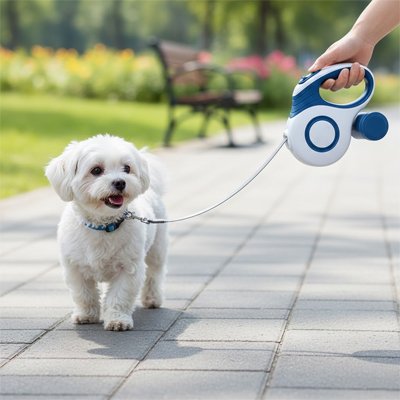 Petit chien en laisse enrouleur chien Flexi Canin bleu en balade