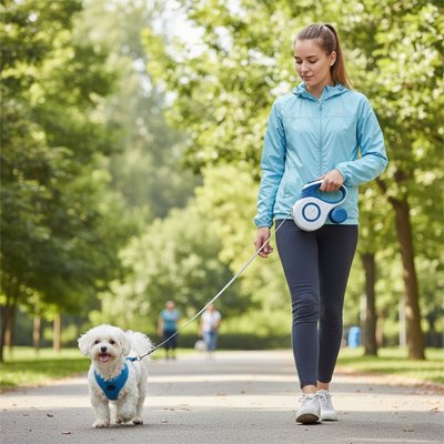 Petit chien en laisse enrouleur chien Flexi Canin bleu en balade avec sa maitresse