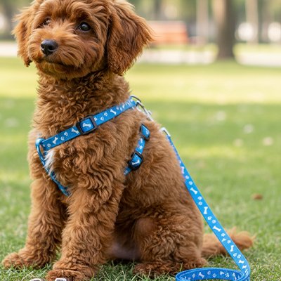 Petit chien en laisse pour chien Os et Pattes bleu assis dans l'herbe