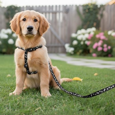 Petit chien en laisse pour chien Os et Pattes noir assis dans l'herbe