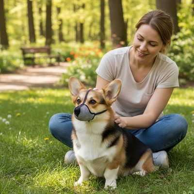 Petit chien en muselière pour chien​ Petit Museau  Noir assis avec sa maitresse