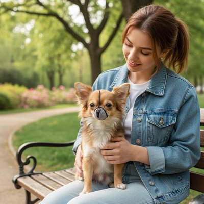 Petit chien en muselière pour chien​ Petit Museau  Noir assis sur sa maitresse