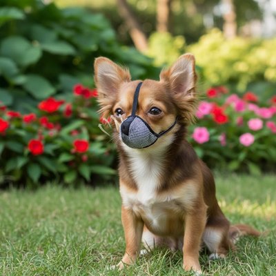 Petit chien en muselière pour chien​ Petit Museau  Noir assis 