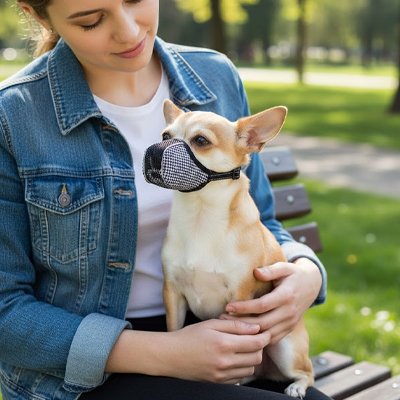 Petit chien en muselière pour chien​ Petit Museau  Noir sur sa maitresse