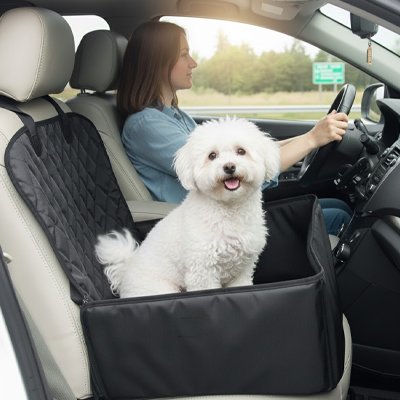 Petit chien en siege auto pour chien Cocon auto avec sa maitresse en voiture