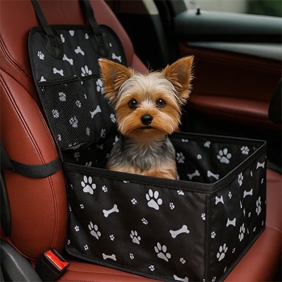 Petit chien heureux dans un siege auto chien Patte Douillette 