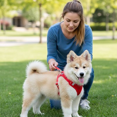 Petit chien heureux en harnais petit chien Doux Maintien avec sa maitresse au parc