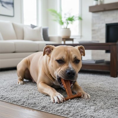  Petit chien mastiquant son Jouet indestructible pour Chien Crok'jeu dans le salon