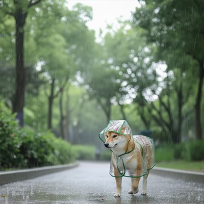 Petit chien sous la pluie avec imperméable pour chien​ Signature Pluie vert