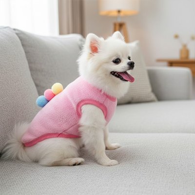 Petit chien sur canapé avec pull pour chien Petit nuage rose