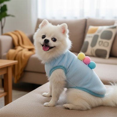 Petit chien sur canapé avec pull pour chien Petit nuage bleu