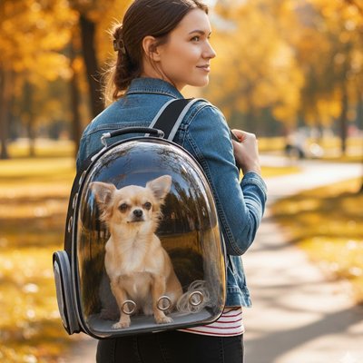 Petit chien sur le dos de sa maitresse dans sac à dos Chien Bulle noir en forêt