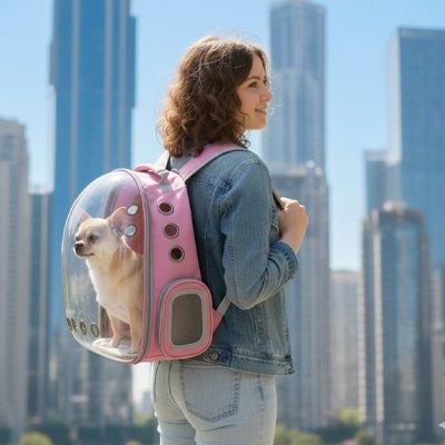 Petit chien sur le dos de sa maitresse dans sac à dos Chien Bulle rose en ville