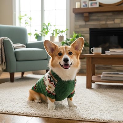Petit chien sur tapis avec pull chien Chaud montagne vert
