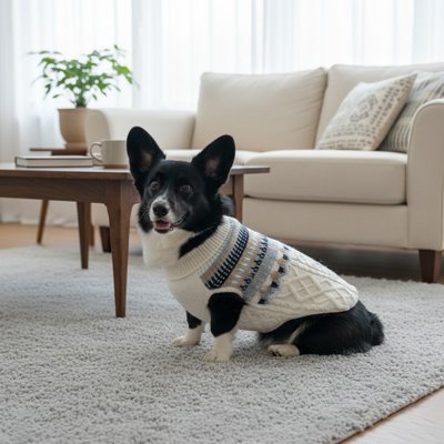 Petit chien sur tapis en pull chien Maille irlandaise écru