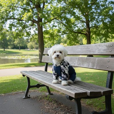 Petit chien sur un banc avec manteau pour Chien Commando noir imprimé