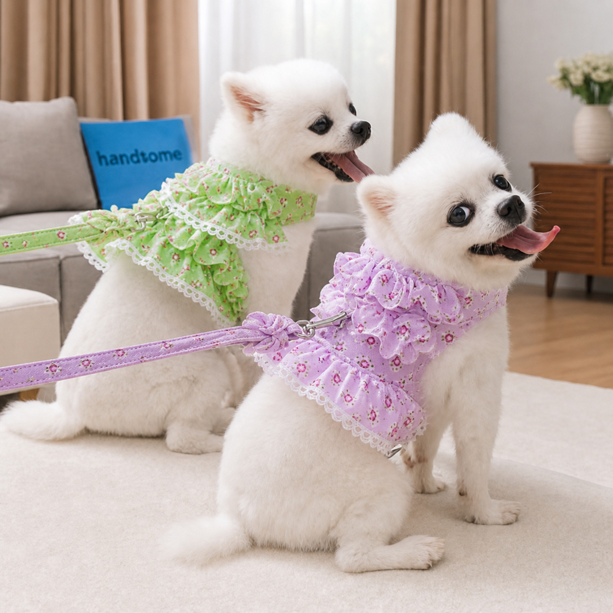 Petits chiens en harnais petit Chien Froufrou vert et mauve au salon