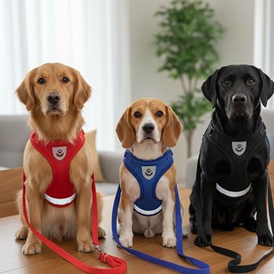  Trois chiens assis  avec Harnais chien Confort Max rouge, bleu et noir